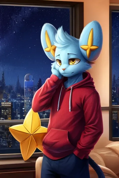 ablaze, furry, cat, shinx, male, waering a hoodie, extremely detaild, incredible, fine-details, absurderes, standing alone, teci...