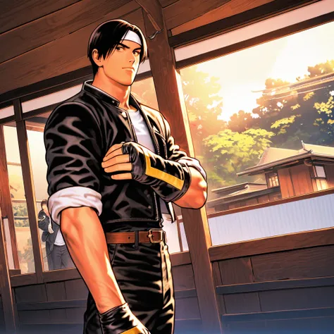 Full Length, Dynamic Angle, 8K,1 handsome boy,(Handsome:1.3),1 boy, observing audience, porch of Japanese house, {((black jacket with rolled up sleeves)), fingerless gloves, white T-shirt, ((white headband)), black pants, white shoes, brown belt}, stylish,...