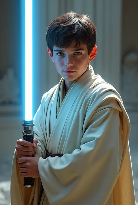 (photorealism:1.2), Jedi, white lightsaber, male, young