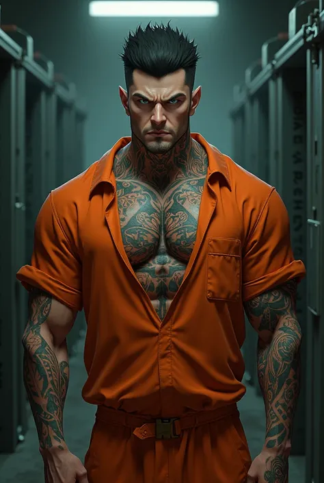 (photorealism:1.2), anime, man, Prisoner with tattoos in orange jumpsuit