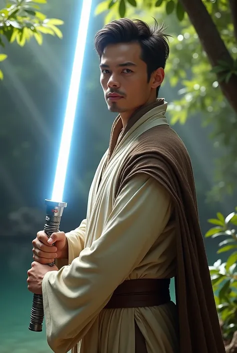 (photorealism:1.2), Jedi, white lightsaber, male, young man