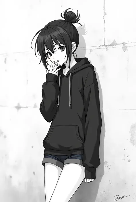 Anime girl tied up her hair wearing a black hoodie shorts leaning against a wall smoking a cigarette black and white line drawing request