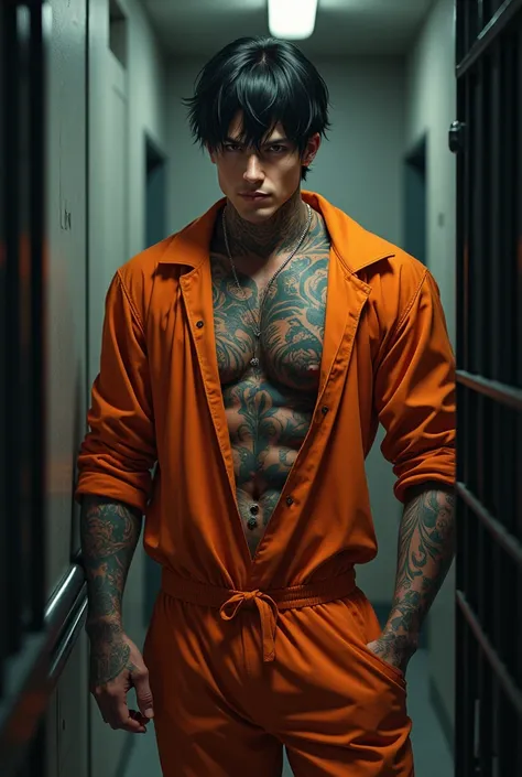 (photorealism:1.2), sexy, anime, man, Prisoner with tattoos in orange jumpsuit