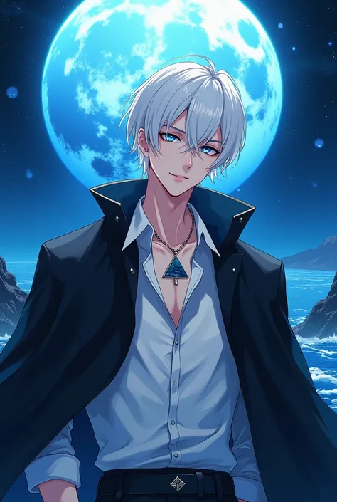 a white man with white hair and handsome, blue colored eyes, Short straight hair, wearing a black cape, blusa branca usando um cordão de triângulo de water, body from front to waist, blue planet background (water) very big, anime style and well-marked illu...