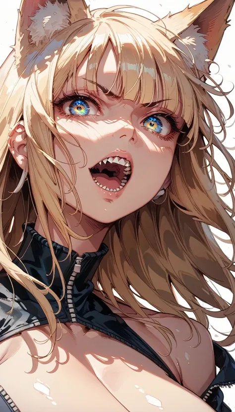 (women sharp teeth),Fox Ears,((Huge breasts)),White skin,(big eyes,Clear Eyes,Perfect Eyes ),(cheek),blonde,Long Hair,Kamaboko-shaped eyebrows,cowboy shot,black underwear