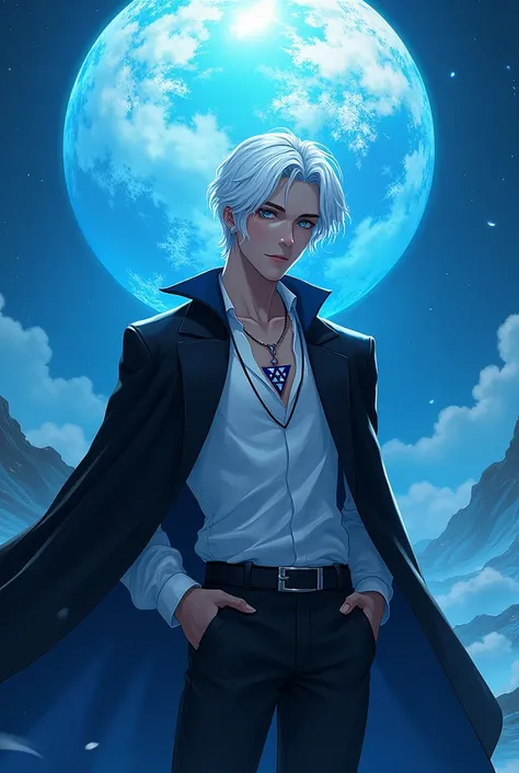 a white man with white hair and handsome, blue colored eyes, Short straight hair, wearing a black cape, blusa branca usando um cordão de triângulo de water, body from front to waist, blue planet background (water) very big, RPG style and well-marked illust...