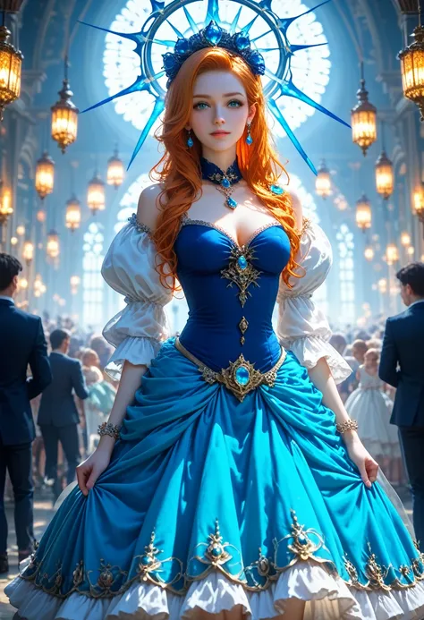 (top quality, 4K), Charming Witch, Public dress code，Demonstration of exquisite princess dresses, Majestically decorated with blue shades, The highly detailed description shows every detail, The tulle is light and flowing, Texture of velvet or brocade with...