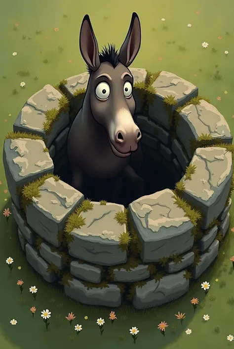 An old, narrow stone well with moss-covered edges, set in a grassy area with small wildflowers. A donkey, looking surprised, is falling into the well, with only its upper body visible as it descends into the dark, narrow opening.