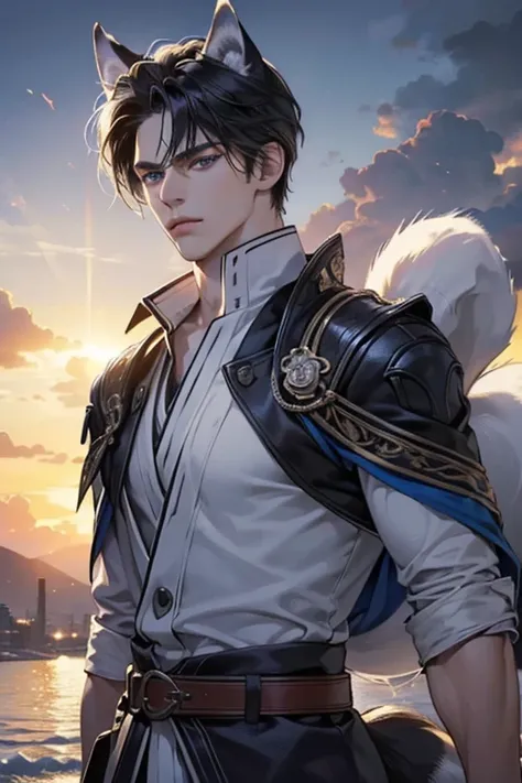 (Highest quality,4K,8K,High resolution,masterpiece:1.2),Super detailed,(Realistic,photoRealistic,photo-Realistic:1.37)ld male,Handsome Anime,Portraiture,strong,Masculine,black hair, blue eyes, ((husky ears)), ((husky long tail)), Sharp jawline,Captivating ...