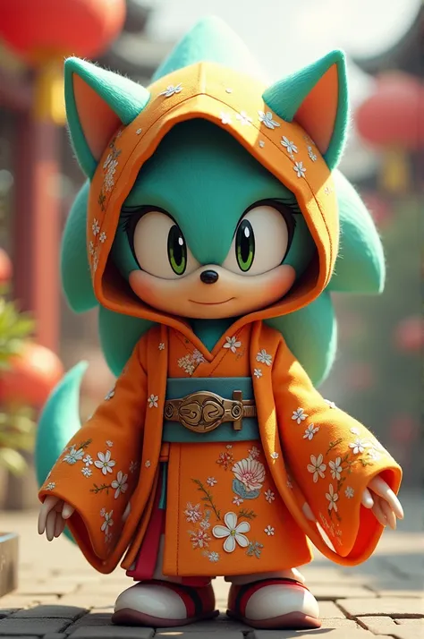 Character based on the Sonic series, a mint and orange colored hedgehog, with a traditional Japanese outfit with a hood, his black eyes, and onion hairstyle and a butterfly brooch 