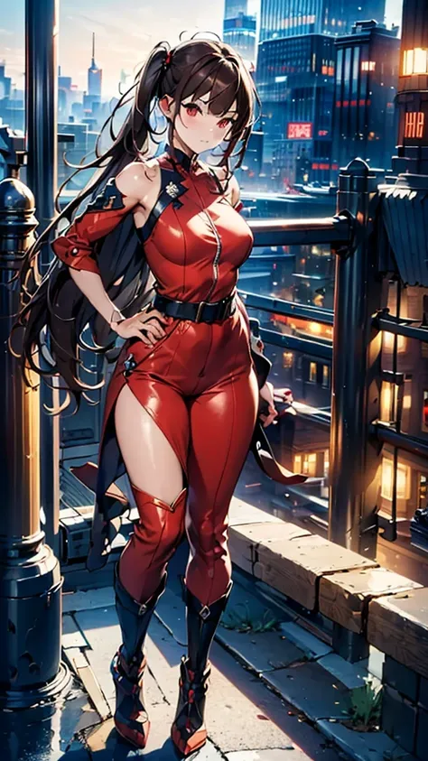 (masterpiece, best quality), intricate details, 8k, artstation, wallpaper, official art, splash art, sharp focus,, 1girl, long hair, twin tails, red eyes, brown hair, ,red jsuper jumpsuit  , skyscrapers, night city, buildings, cars, street, ducking down