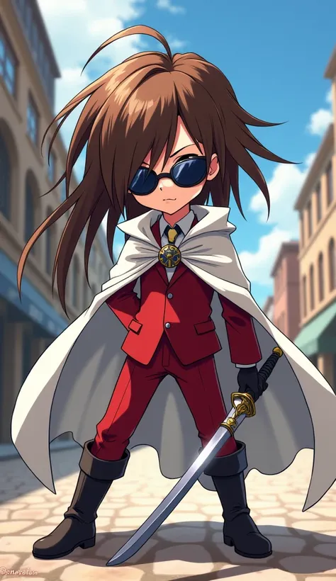 boy , short, anime, White cloak, Sunglasses, Very long hair, Brown hair, Hair covers one eye, long boots, weapon rapier, red suit