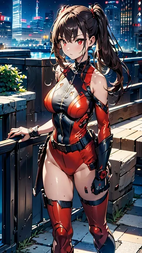 (masterpiece, best quality), intricate details, 8k, artstation, wallpaper, official art, splash art, sharp focus,, 1girl, long hair, twin tails, red eyes, brown hair, ,red super jumpsuit, battle damaged suit  , skyscrapers, night city, buildings, cars, str...