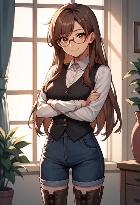 score_9, score_8_up, score_7_up, score_6_up, score_5_up, score_4_up, source_anime, 1girl,lora:amber1-000008:1>, amber5star, upper body, smile, young, brown hair, long hair, brown eyes, glasses, black vest, white shirt, thigh high boots, crossed arms, looki...