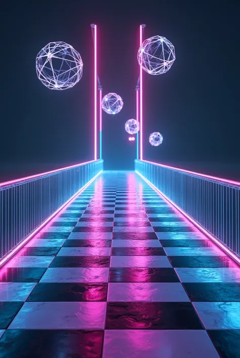 a bridge surface with squares black and white like chessboard, cyber globes around blank space, cyber neon light, cyan light, purple light, pink light.