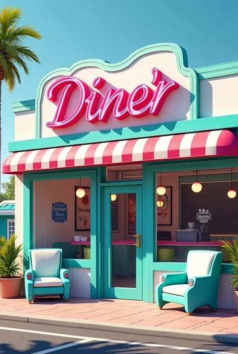 White facade front view of a diner style restaurant with an aqua and pink neon sign that says "Kinn&#39;s Diner" in a tender atmosphere and retro aqua and white armchairs inside 