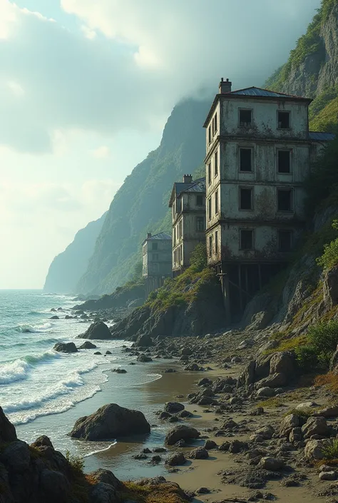 Images of coastal buildings and structures slowly collapsing or sinking into the ground, with the coast in the background