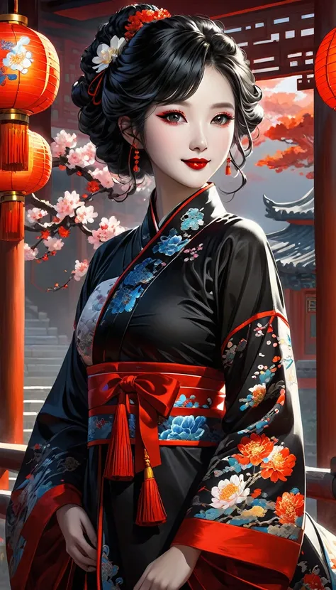 (（（perfect body,（（（zhizhu，chinese style clothing, dark clothing）））,（（（zhizhu，black hair, curly hair, facial makeup, black lips,）...