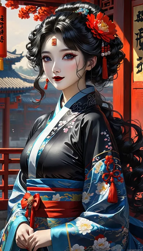 (（（perfect body,（（（zhizhu，chinese style clothing, dark clothing）））,（（（zhizhu，black hair, curly hair, facial makeup, black lips,）...