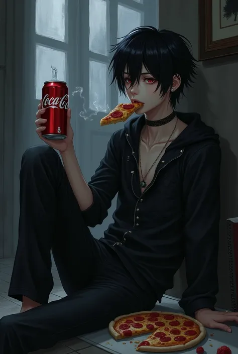 a emo anime boy who are drink coca and eating pizza