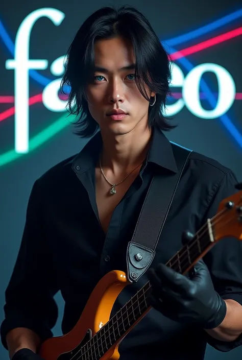 30 year old Asian guy who looks like DPR ian and has blue eyes and a thick neck and has hair over his ears and in the background the word facneo is written and that you have colored lines crossed between them and that he is playing and that he has an elega...