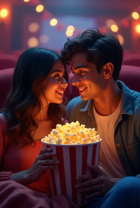 Tanya and anish in mavie holding popcorny hands
