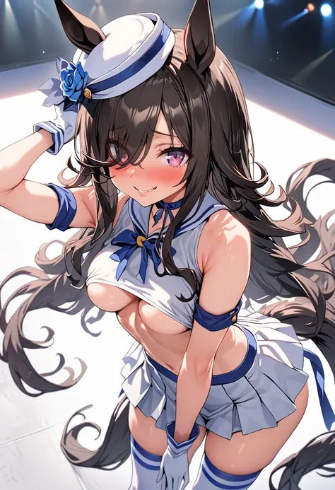 masterpiece,Highest quality,High resolution,Super detailed, solo, 1girl, live stage, ((cute)), RiceShower(Umamusume), horse ears, animal ears, hair over one eye, horse tail, long hair, blush, hat, blue flower, gloves, smallunderboob, ((((Perfect limbs))), ...