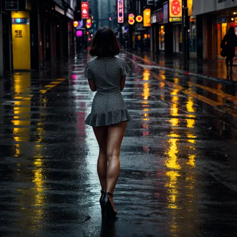 A cinematic bottom-view shot of a full body portrait of a charming lady wearing high heels and a strange torn minidress clinging to her wet body. Her gaze is confident and is directed forward. She is standing on a wet city street during rainfall.