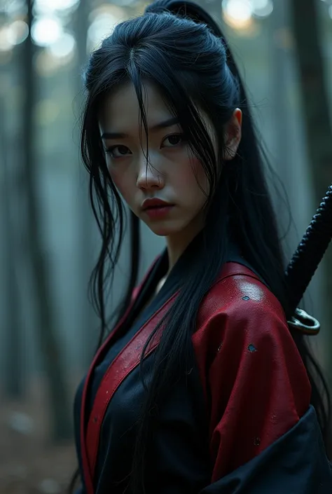 a beautiful female shinobi, detailed dark eyes, flawless porcelain skin, long flowing dark hair, sleek black and red ninja outfit, (katana sword:1.2), dark mysterious forest, moonlight streaming through trees, dramatic cinematic lighting, highly detailed i...