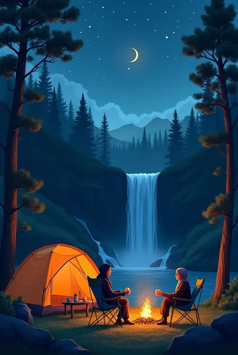  camping at night in the forest beside waterfall.  Have a medium tent, moon, stars, meteor light, bonfire, fireflies camping table.  Husband & wife on camping chairs drinking coffee, wife wearing a hijab.