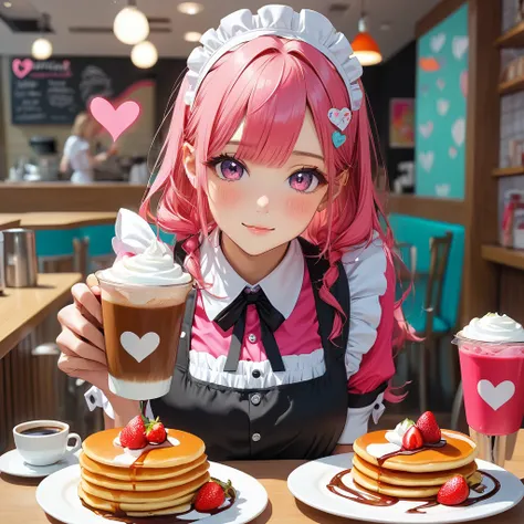 　A vibrantly colorful work of art, maid cafe, Coffee provided, Tired Tired Zukyuun💕, fluffy pancakes, A heart is drawn with strawberry syrup, BREAK with coffee, An attractive maid looks at you, Coffee offered to you with a gentle hand, ARW