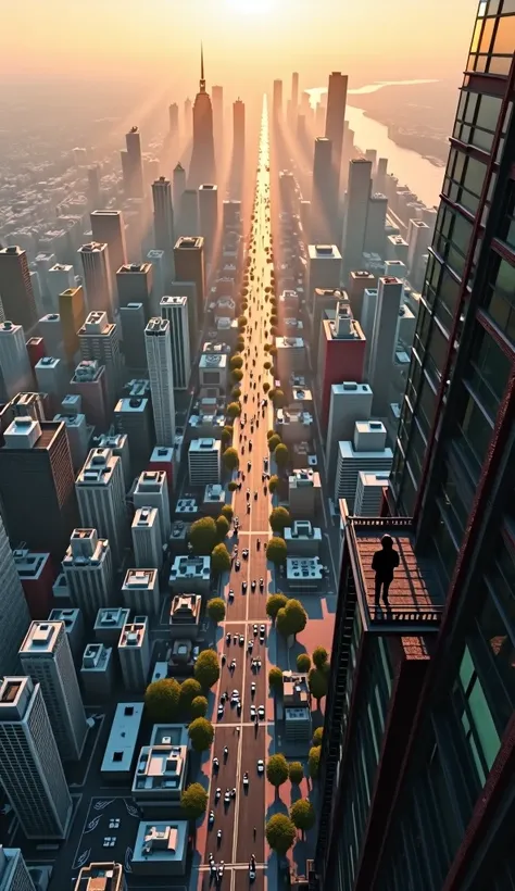 a photo from the top of a building showing the city from below