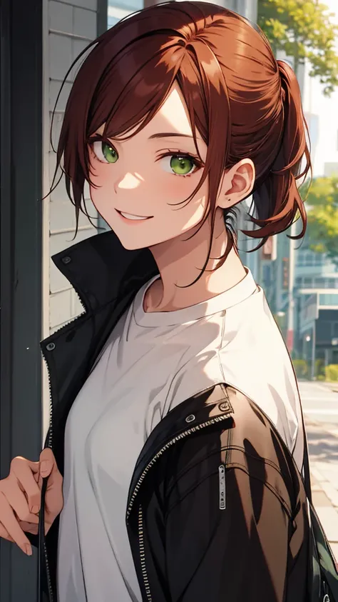 [[[ ultra-detailed, best quality, soft skin, beautiful face, masterpiece, close-up, modern setting, anime]], short hair, ponytail, green eyes, auburn hair, modern clothes, looking at viewer, smiling