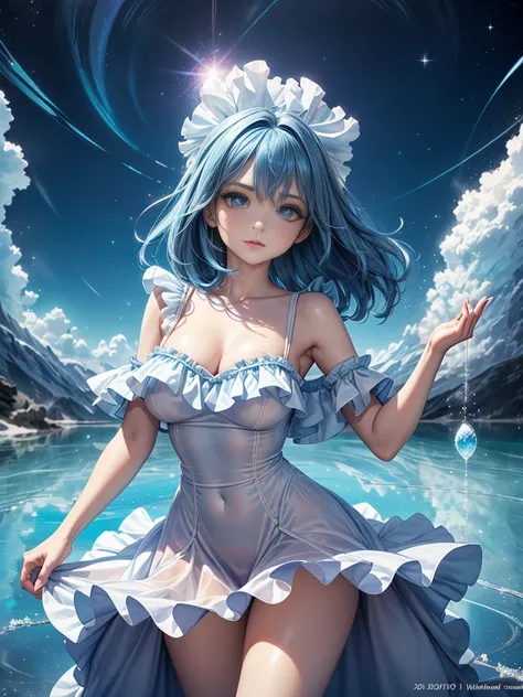 Absurd, High resolution, (Official Art, beautifully、aesthetic:1.2), (Shortsighted:1.15), (One girl, Blue Hair, Medium Hair, blue eyes, Bright Eyes, long white dress, Blue frills,:1.2) blue sky, Sparkling Galaxy, (Uyuni salt lake:1.2), (Fractal Art:0.8), wa...