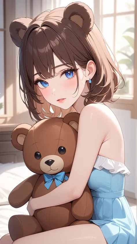 (Masterpiece, best quality:1.2, absurdres), 1girl, brown hair, bear ears, hugging big teddy bears, bedroom, detailed face, detailed eyes, detailed lips, detailed skin, 