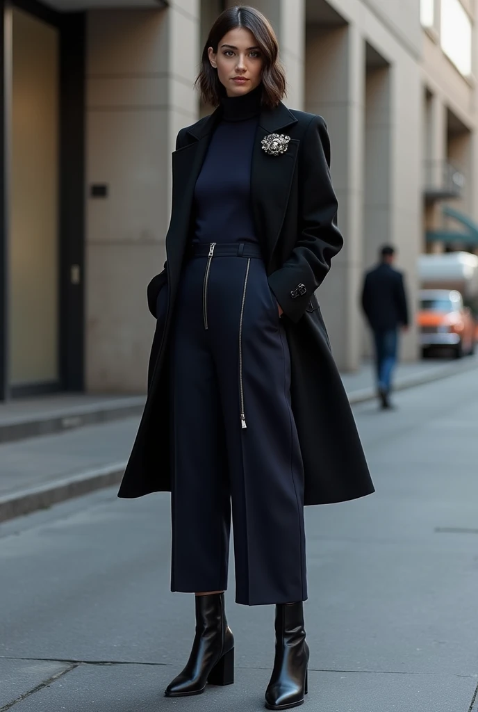 Image of a black jacket with a long-sleeved brooch and a navy blue yin with a narrow siper and black ankle boots with a heel 