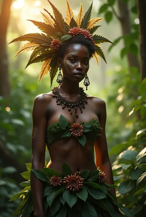 lightened image of a black indigenous cabocla with an expression of empowerment, not so thin, with leaves and flowers covering the breasts, wearing a skirt made of leaves and natural flowers, a headdress with several feathers on the head, with indigenous f...