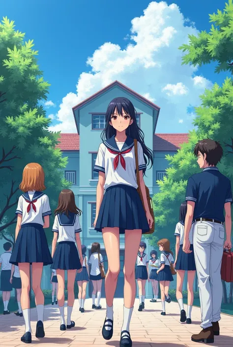 "A full anime-style school front side seen scene featuring stylish and attractive boys and girls. The girls are wearing dark blue short skirts with white shirts, while the boys are dressed in white pants with dark blue shirts. There are also some people ar...