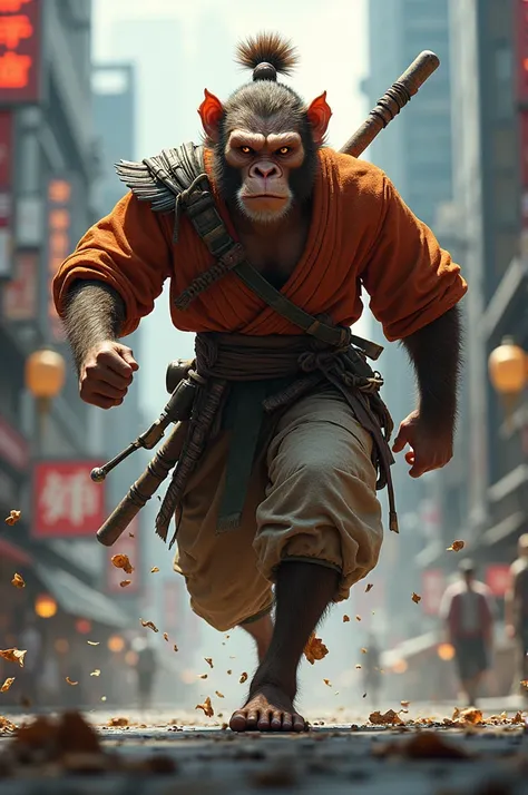 Son wukong in city ,riped clothes,stick in hand , warrior ,