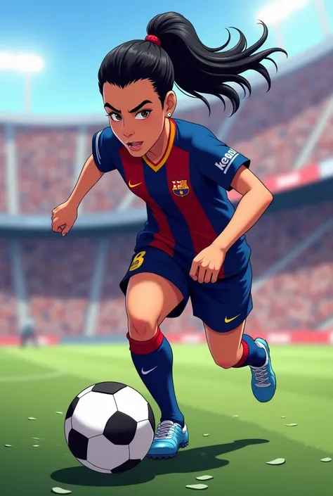 Black-haired female soccer player on the Barcelona women&#39;s team in a cartoon 