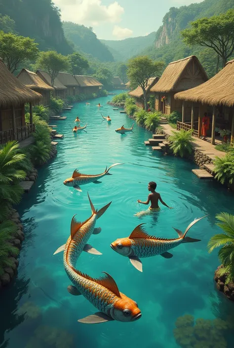 Fish children swimming in a river in an African village legend.