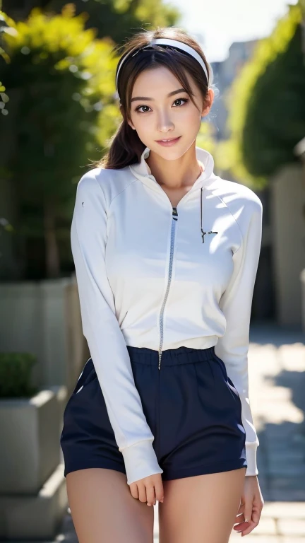 a superb exquisite real beautiful girl, 1girl, ponytail, (headband), extremely exquisite facial features, peerless beautiful girl, jogging suit, navy blue jogging suit, slender, small breasts, exposed thighs, sweet shy smile with teeth, soft, (leaning forw...