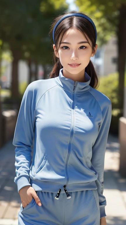 a superb exquisite real beautiful girl, 1girl, ponytail, (headband), extremely exquisite facial features, peerless beautiful girl, jogging suit, navy blue jogging suit, slender, small breasts, exposed thighs, sweet shy smile with teeth, soft, (leaning forw...