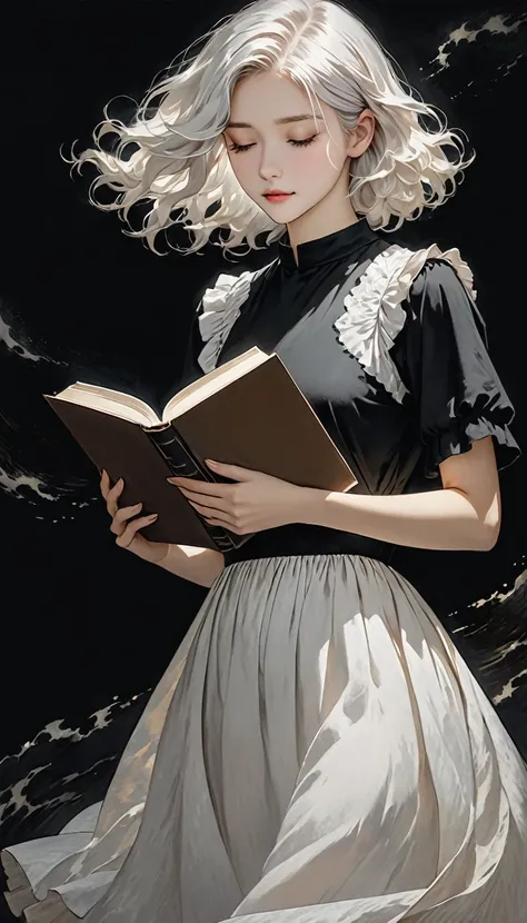 In the image, there is a person with long, wavy, light white hair. They are wearing a black, short-sleeved top or dress. The individual is holding a book, gripping it with both hands. The background of the image appears to be dark, which emphasizes the per...