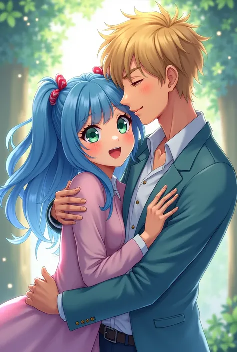 Blond man hugging green eyes woman with blue hair tied in pigtails blue eyes, styled: miraculous 