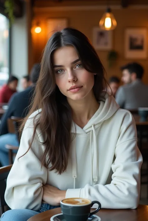 headshot, ukrainian girl, 29 y.o., beautiful, in a cafe, in blue jeans and white hoody, people around, makeup, long straight hair, pale skin, fair skin, white skin, AS-Adult