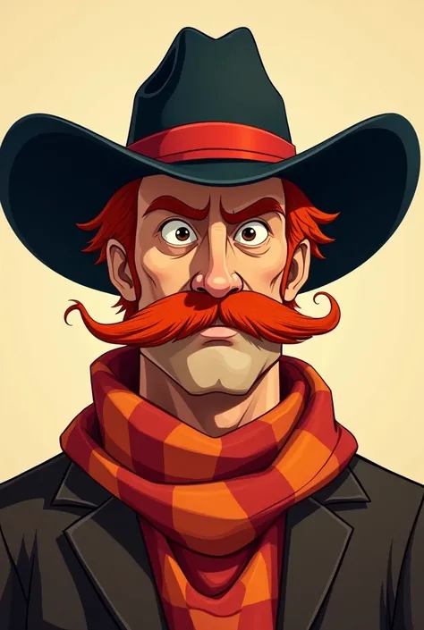 a character with a cowboy-inspired look. He wears a black hat with a red band, and has visible red hair coming out from under the hat. The mustache is thick and red, and he wears an orange plaid scarf around his neck, adding a classic touch to the look in ...