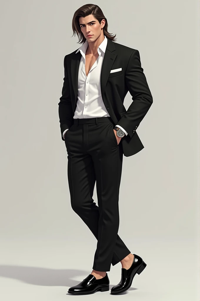 Male character with fair skin, long hair that falls neatly, and formal wear white shirt, black blazer, black trousers, black leather shoes, and black tie, and use elegant and simple watch accessories. Have a muscular body 