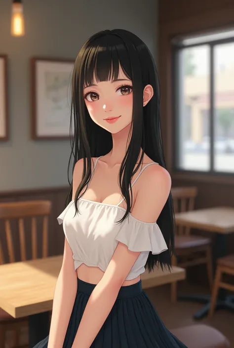 She wore a white off-the-shoulder top and pleated skirt.、Realistic depiction of a young woman with long straight hair。She is standing in a casual pose、Smiling at the camera。Keep the background simple and neutral、Focus on her。Gentle facial expressions、The f...