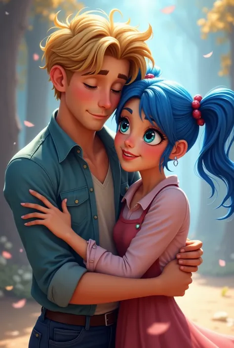 Blond man hugging green eyes,woman with blue hair tied in pigtails and blue eyes, styled: miraculous 